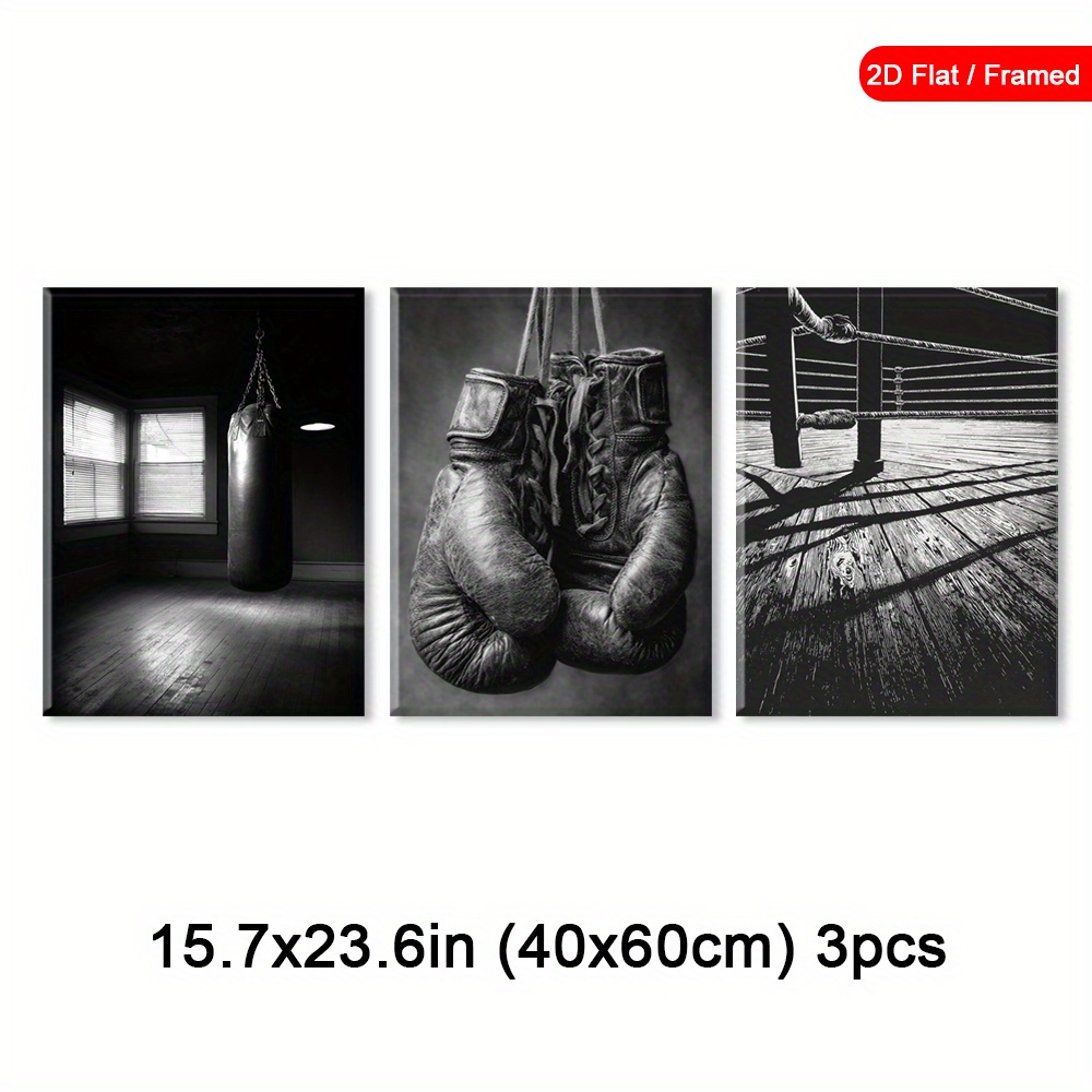 TEMU 3pcs Framed Vintage Gloves Wall Art, Boxing Room Decor, Canvas Print, Punching Bag Poster, Modern Home Decor, Trendy Wall Hanging, 2d Flat