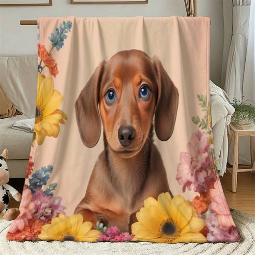 item picture 1pc 2d flat printing blanket brown short fur dachshund with colorful soft warm nap blanket sofa office camping travel multi functional use goods christmas valentines day birthday gift