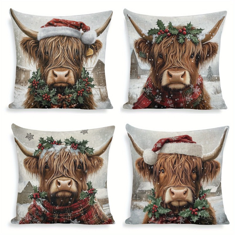 

4pcs Modern Christmas Highland Cow Pillowcase With Zipper, Holiday Braided Polyester Cushion Cover, Machine Washable, Holly And Christmas Hat Pattern, Suitable For Room Decorations 18x18 Inches