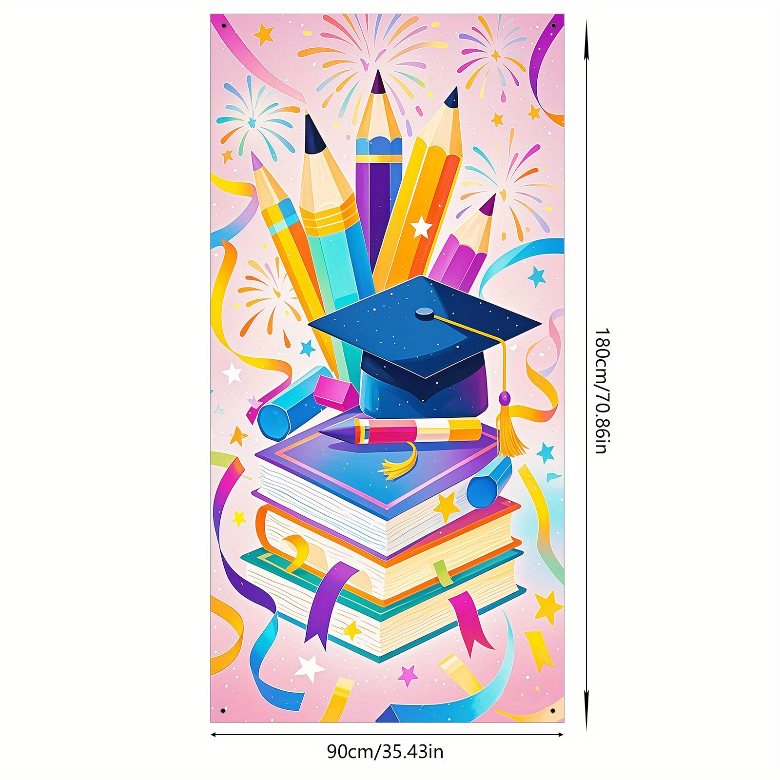 TEMU 1pc, Graduation Season Polyester Banner (35x70 Inches/90x180 Cm), Pencil, Book, Ribbons, Fireworks, Star, , Pink Backdrop, Indoor & Doorway
