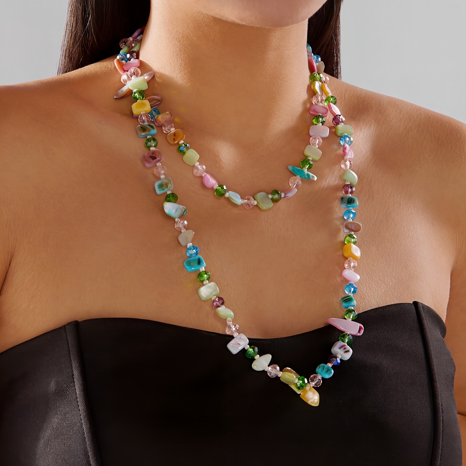 Image of 1pc Bohemian Style Multicolor Artificial Shell Bead Necklace, Vintage Necklace, Retro Luxurious Festive Long Necklace, Stackable, And Shapes