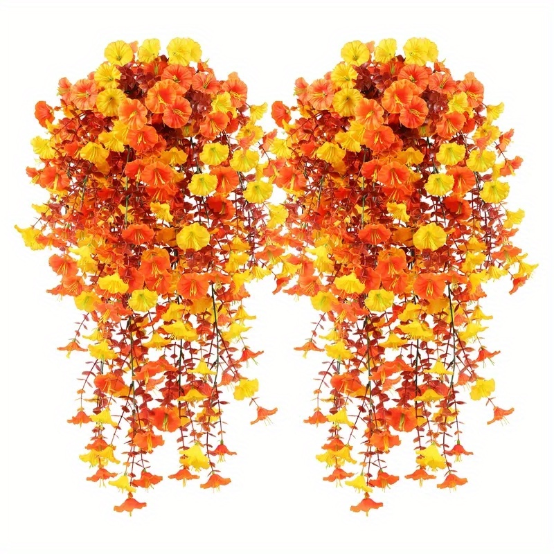 2pcs vibrant autumn   hanging baskets artificial orange red yellow flowers with green leaves   indoor outdoor holiday decor thanksgiving halloween christmas family   weddings   outdoor decorations