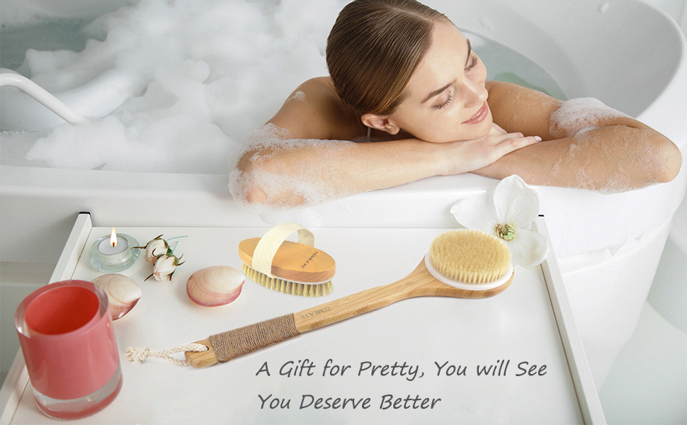 long handled body brush set with wooden handle   with medium strength natural bristles gently exfoliates removes   and   making the whole   beige   Product details 1