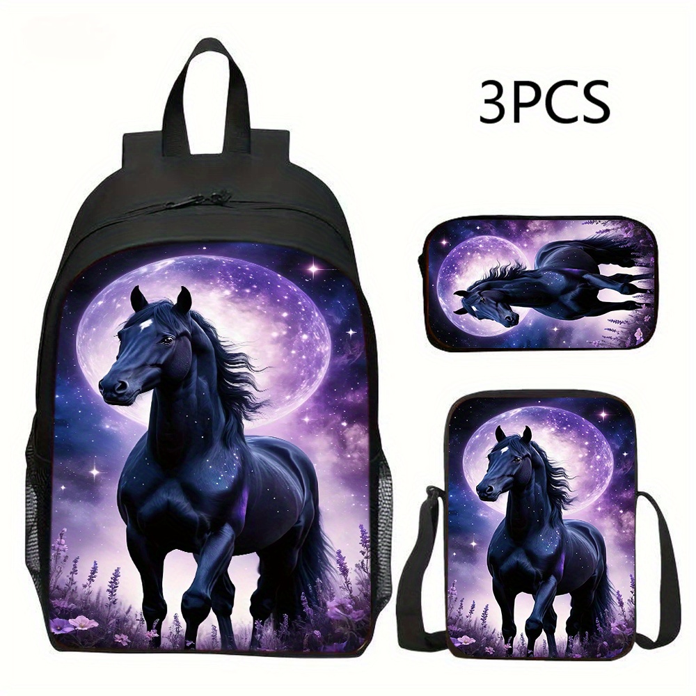 TEMU Horse 3pcs Backpack Set Theme, Including 1 Shoulder Bag 1 Crossbody Bag 1 Pencil Case School Or Travel, For Back-to-school Gifts