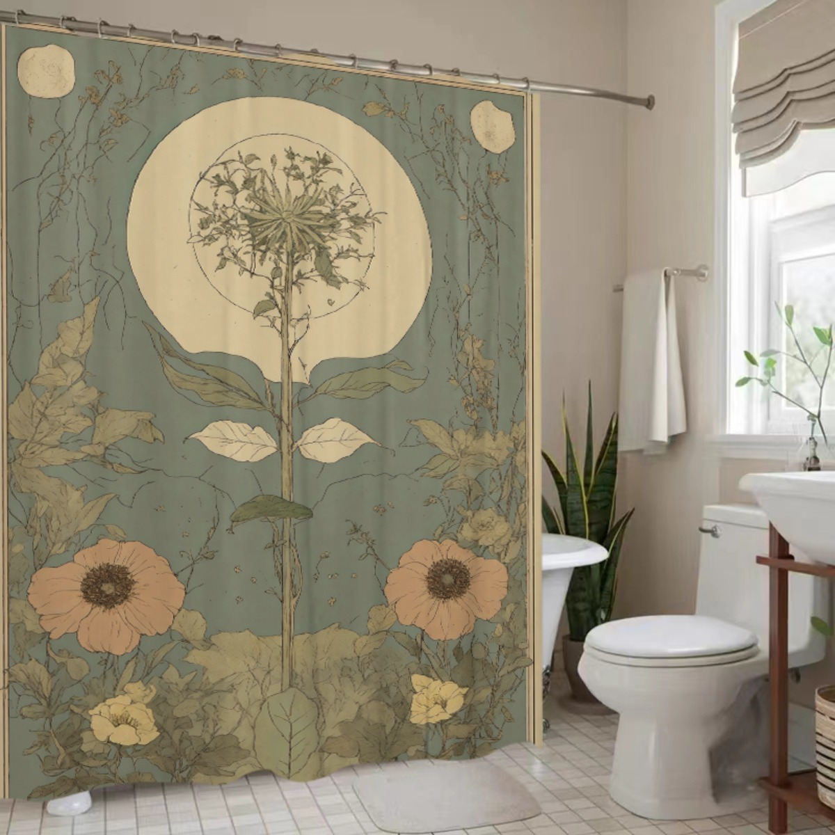 TEMU 1pc Nouveau Illustration Bathroom Curtain Polyester Shower Curtain, No-hole Punching Partition Bath Curtain, Durable Polyester Fabric, Machine