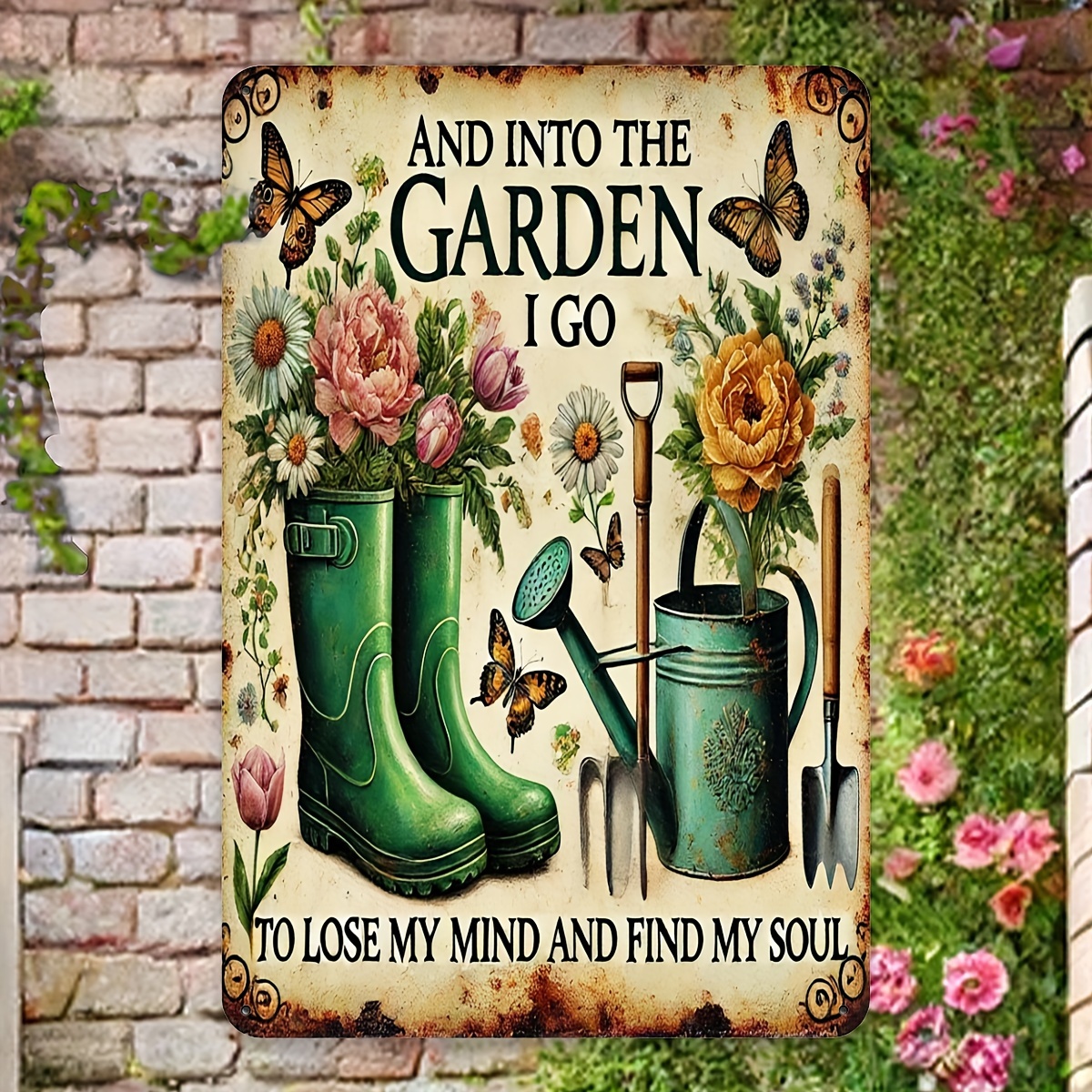 TEMU 2d Flat, 1pc Vintage "and Go" Metal Wall Sign - Rustic Garden Quote Decor With Floral & , 8x12 Inch Farmhouse Wall Art For Home, Porch, Yard,
