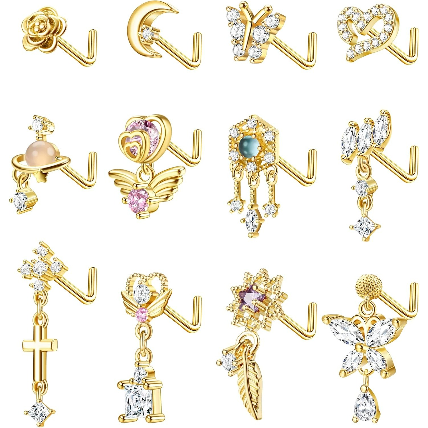 Image of Set Of 12 Dangling Nose Studs Made Of Surgical Steel, Featuring L-shaped Designs For Women, With Flower And Wing , Perfect For Nose Piercings