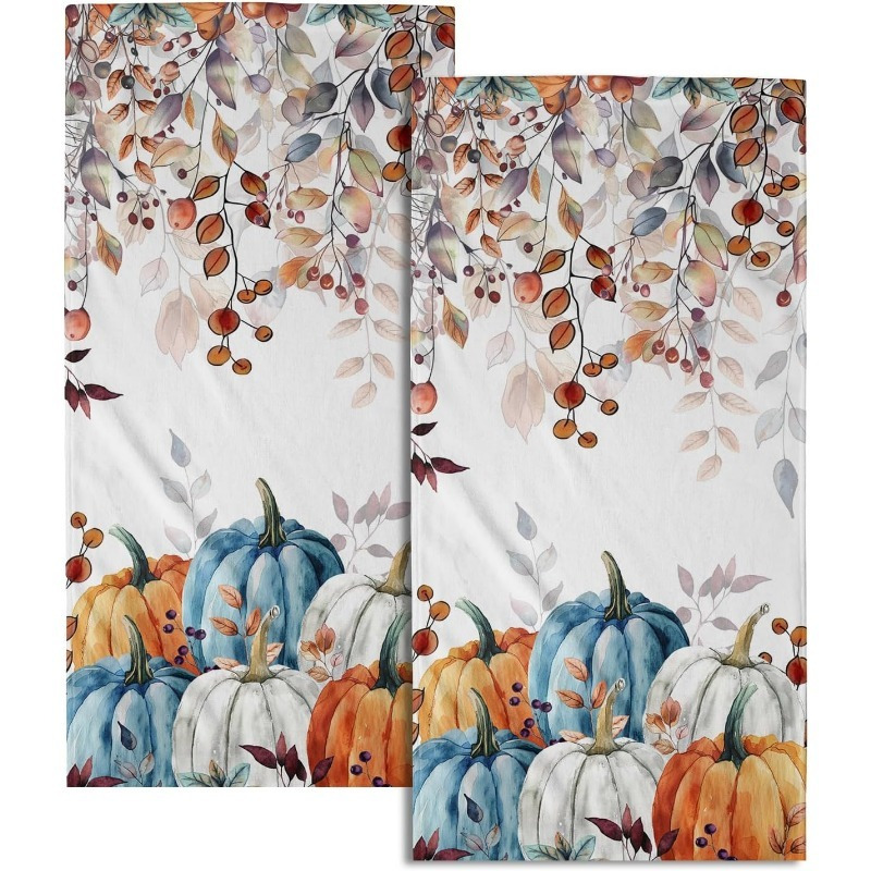 TEMU 2-pack Modern Soft Polyester Hand Towels, Watercolor Pumpkin And Eucalyptus , Cartoon Fall Thanksgiving Guest Towels, Machine Washable Square Kitchen Towels