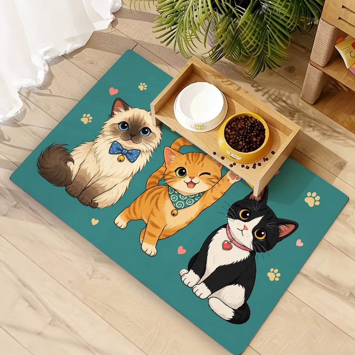 TEMU Fun Cartoon Cat Pattern Diatomite Cat Feeding Mat, Teal With Heart And Paw Print Design, Multiple Sizes Available Pet Food And Water Placemats,