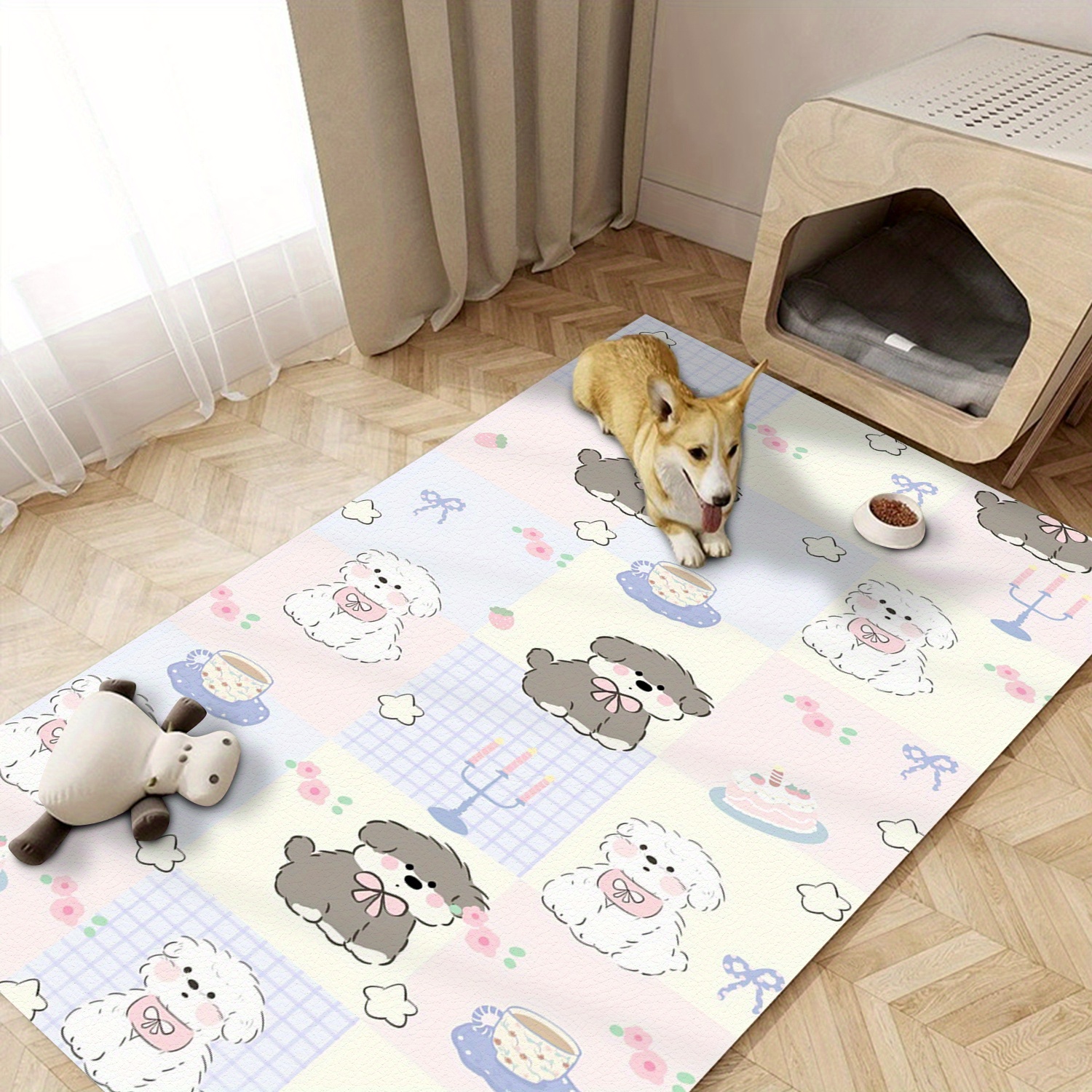 large plush non slip dog mat with adorable black white puppy design   chew resistant washable pet bed multi size soft polyester floor mat for feeding play home decor large dog bed Product details 3