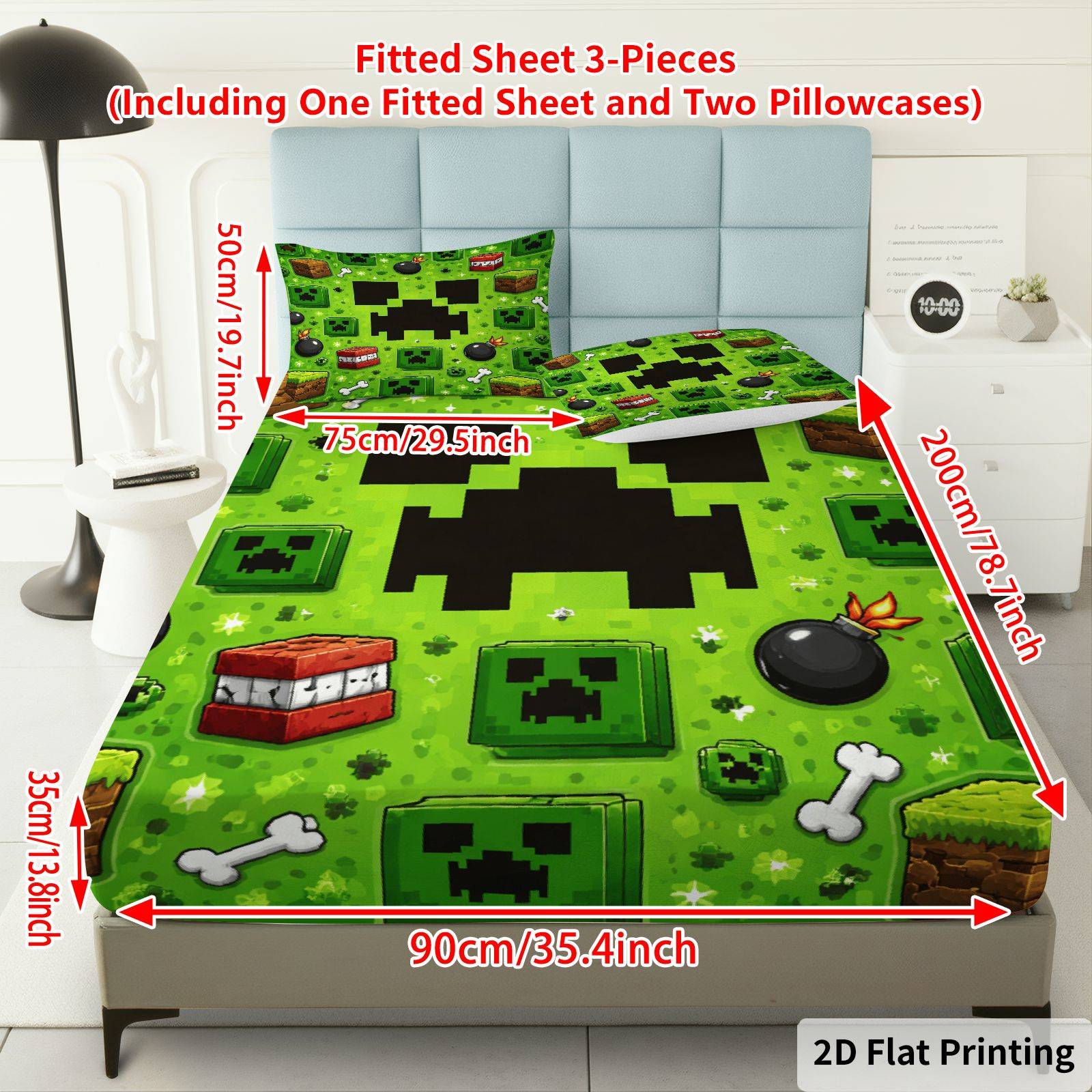 TEMU Juego de 3 piezas de sábanas ajustables con diseño de bomba de píxeles verdes (1 sábana ajustable y 2 fundas de almohada, sin relleno), tema