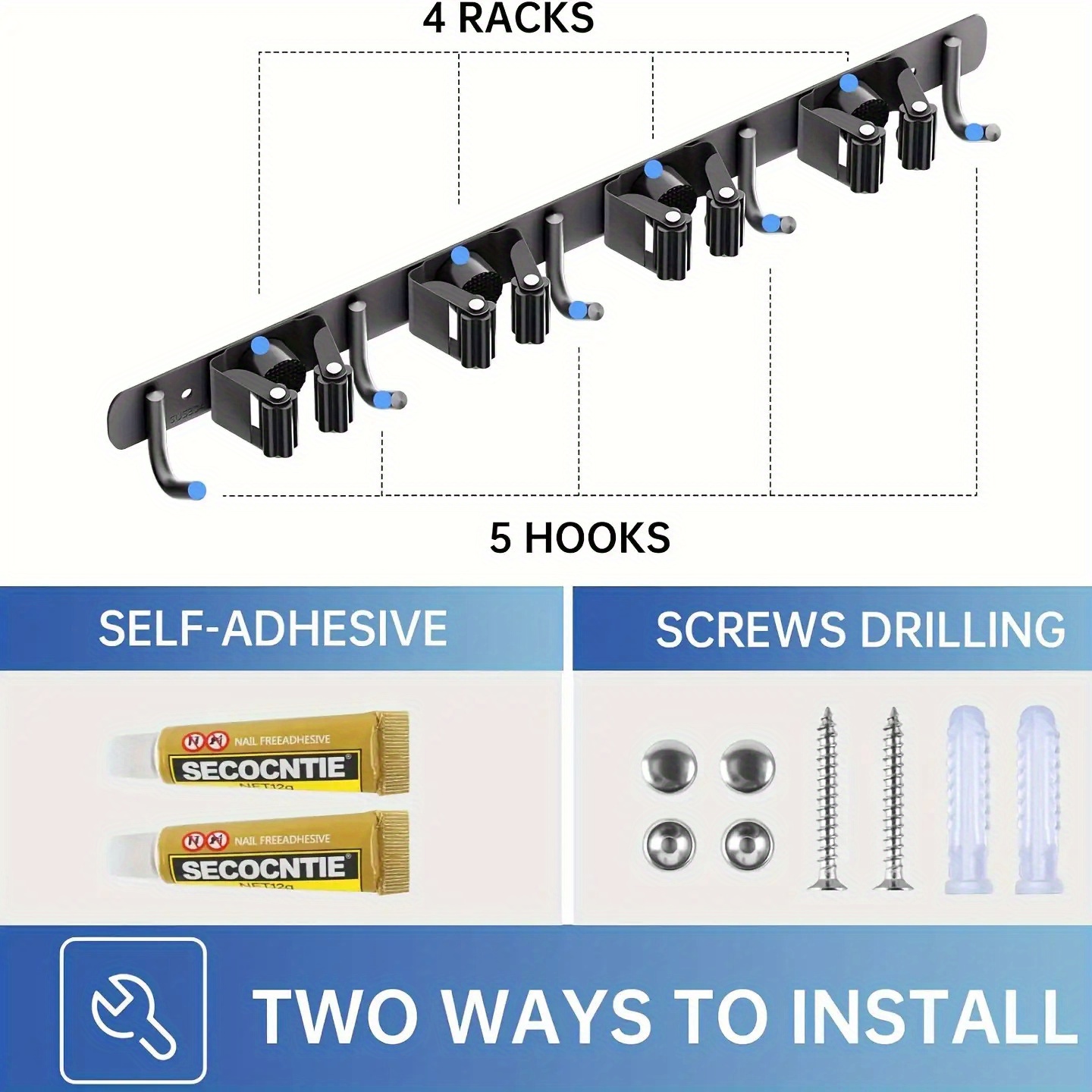 1pc Heavy-Duty Stainless Steel Wall-Mounted Garden Tool Organizer with 4 Racks & 5 Hooks - Powder-Coated Rust-Resistant Utility Shelf for Garage, Kitchen, Laundry Room, Outdoor Storage - Space-Saving Modern Design, Easy Installation with Hardware Included, Durable Tool Storage Organizer, Storage Racks