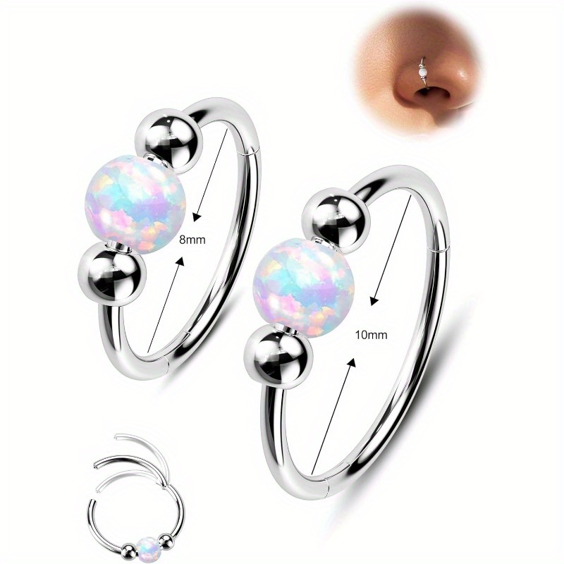 TEMU 2pcs 316l Surgical Steel Nose Rings Hoop 18g Opal Nose Rings For Women Septum Rings 8mm10mm Nose Piercing Jewelry Cartilage Earring