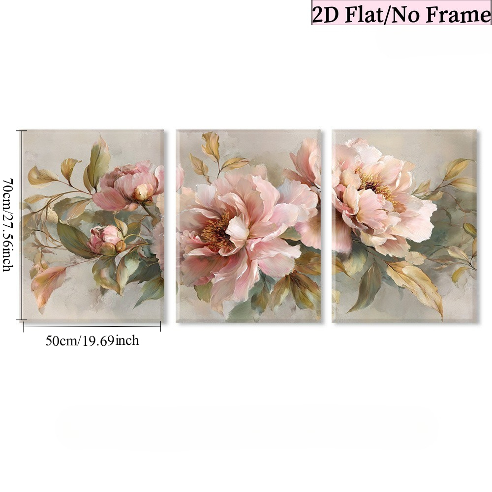 TEMU 2d Flat, 2d Flat, 3pcs 2d Wall Decor – Soft Light Pink Peony Pattern, Vertical Canvas Poster/wall Art For Living Room, Bedroom, Home Office,