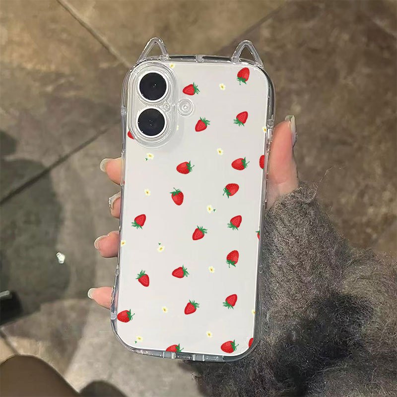 TEMU Phone Case - 1 Small Strawberry Floral Special-shaped Transparent Phone Case With Cat Ear Design, Anti-fall, Precise Hole Tpu 1.5mm Thick Soft