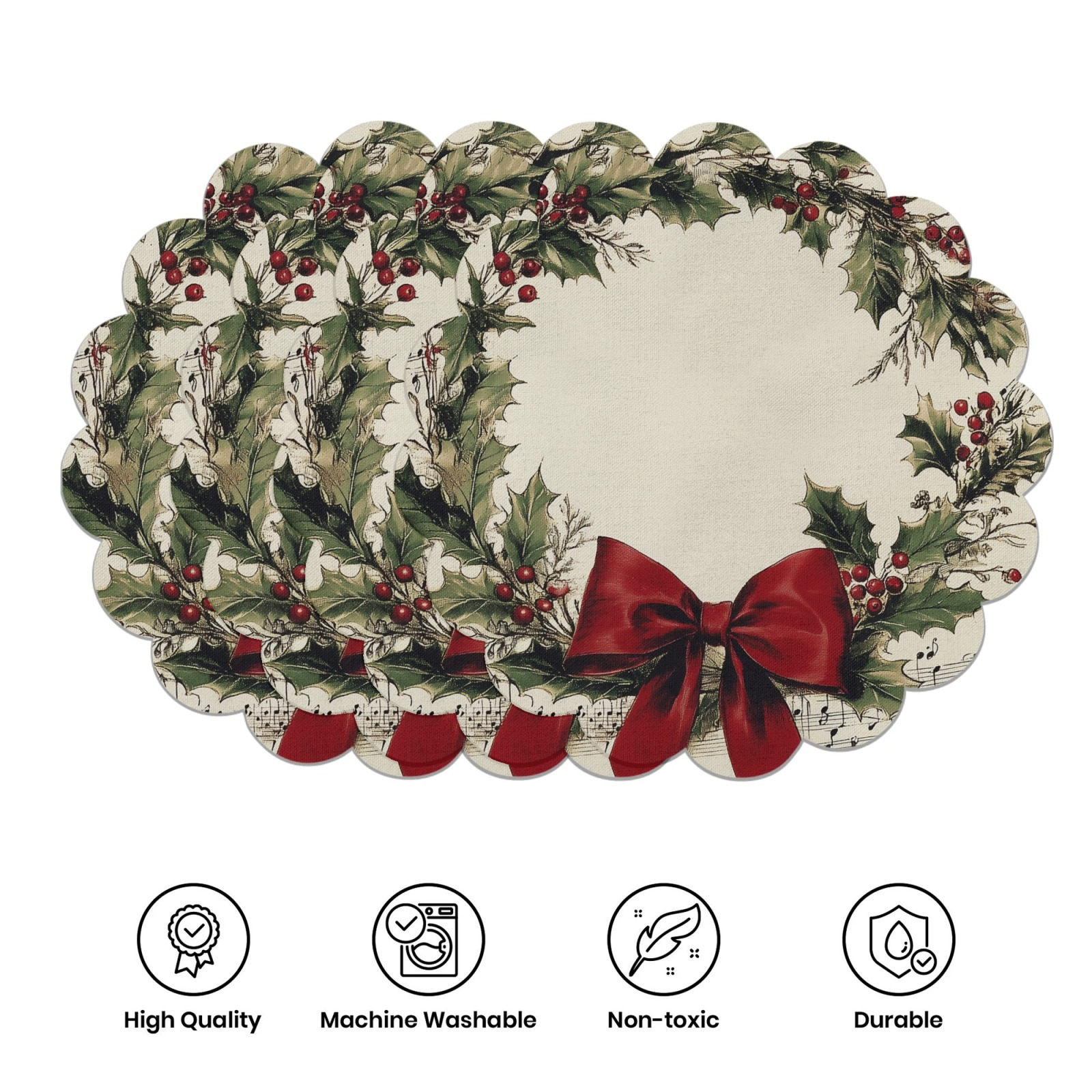 4pcs vintage wreath design round placemats with musical notes and red bow non slip machine washable polyester table mats for christmas   banquet and party dining decor Product details 3