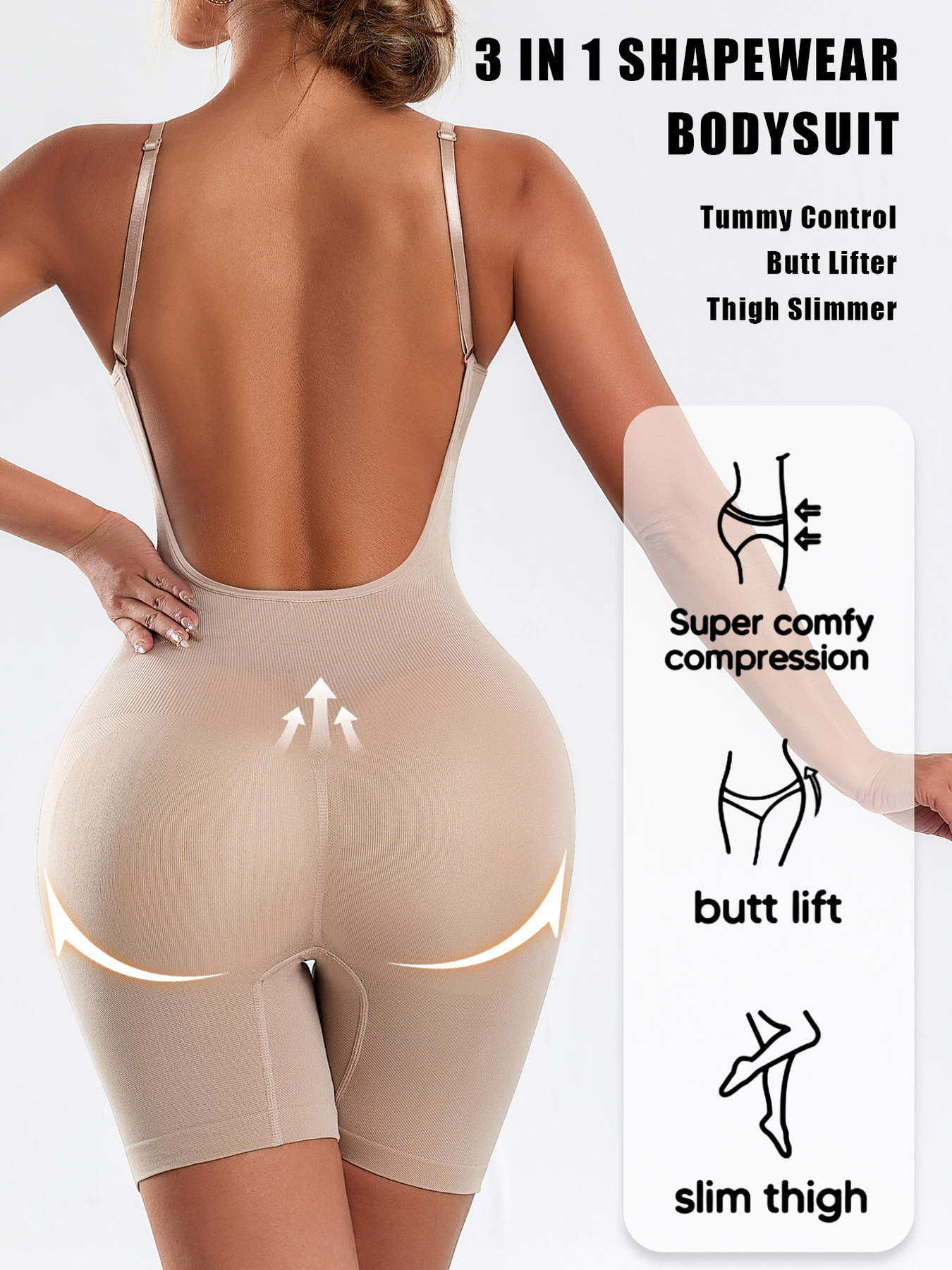1pc CELILIN Women's Full Backless Shaping Bodysuit - Medium Support Tummy Control Butt Lifter, Seamless One-Piece Suit, Breathable Lightweight for Yoga, Gym & Casual Attire, Machine Washable Solid Color (No Chest Padding)