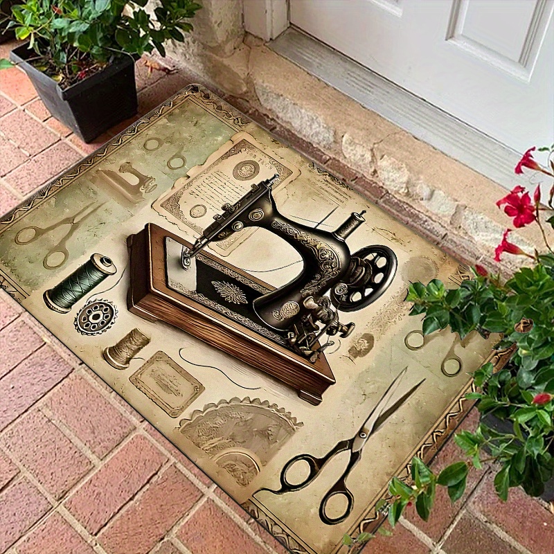 

1pc Vintage Sewing Machine & Needlepoint Tool Design Doorway Mat - Soft, Stain & Slip Resistant Polyester, Ideal For Indoor/outdoor Use - Living Room, Bathroom, Kitchen Decor