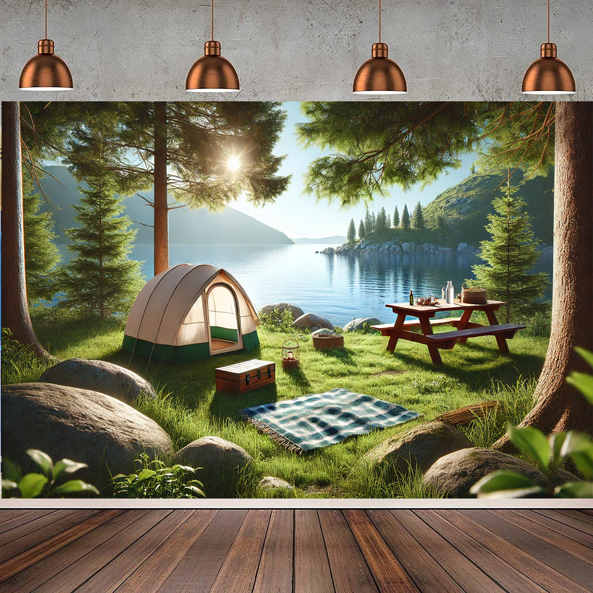 

1pc Lakeside Camping Backdrop, Polyester Fabric, Universal Holiday & Seasonal Decor, Ideal For Wedding, Birthday, Anniversary, Day - 59.8x36.2in/83.8x59.8in, Photography Background, Photo Booth Prop