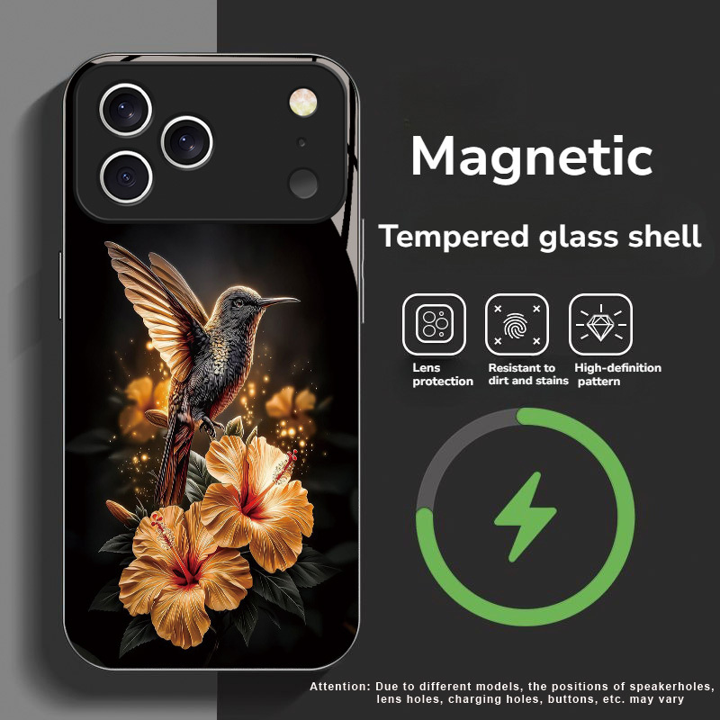 TEMU Phone Case - Trendy Creative Hummingbird Pattern Magnetic Tempered Glass Phone Case, Compatible With Iphone X/xr/xs/xs