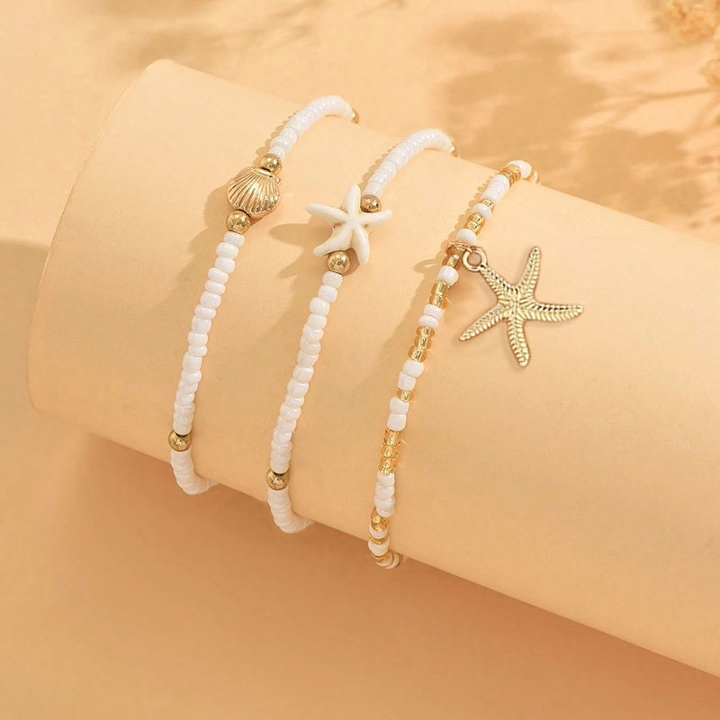 3pc Golden Starfish Bead Anklet Set for Women