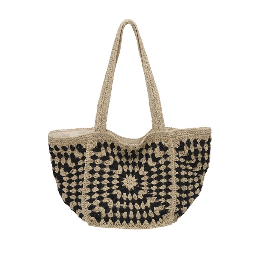 2026 New Grid High-end Shoulder Straw Woven Bag Women's Bag Large Capacity Beach Woven Hand Bag