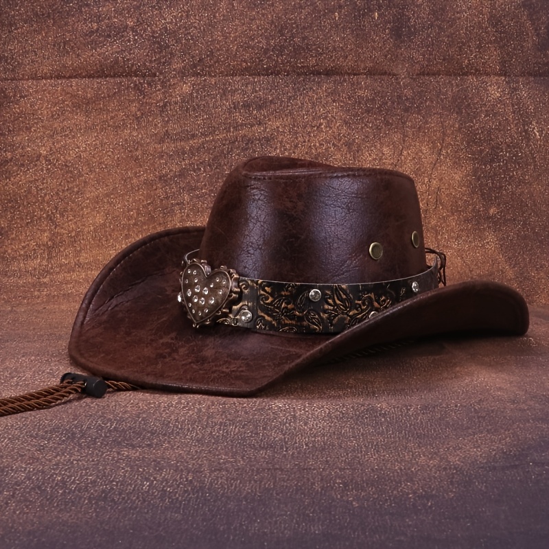 TEMU chapeaux de cowboy occidentaux, décorés d'une ceinture de couleur cuivre vintage avec des cœurs en strass, adaptés aux hommes et aux femmes