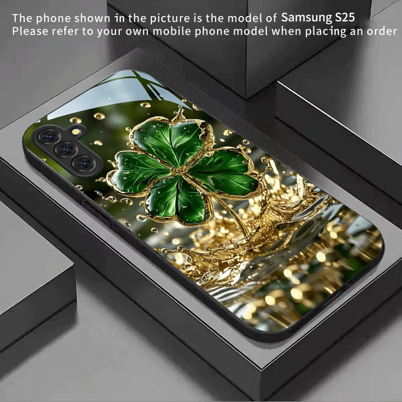 TEMU Phone Case: 2d Flat Golden-plated Clover Pattern Tempered Glass Phone Case In Black For Galaxy S26/s25/s24/s23/s22/s21/s20/note