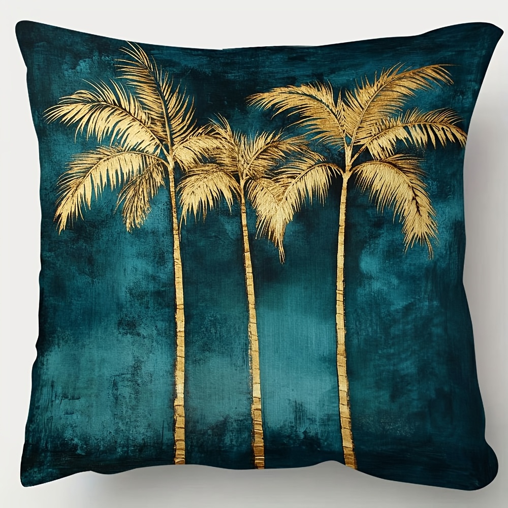 TEMU A Single Deep Teal Blue Elegant Golden Palm Tree Pattern Cushion Cover. Made Of Soft And Comfortable Polyester Short Plush Fabric, Featuring A