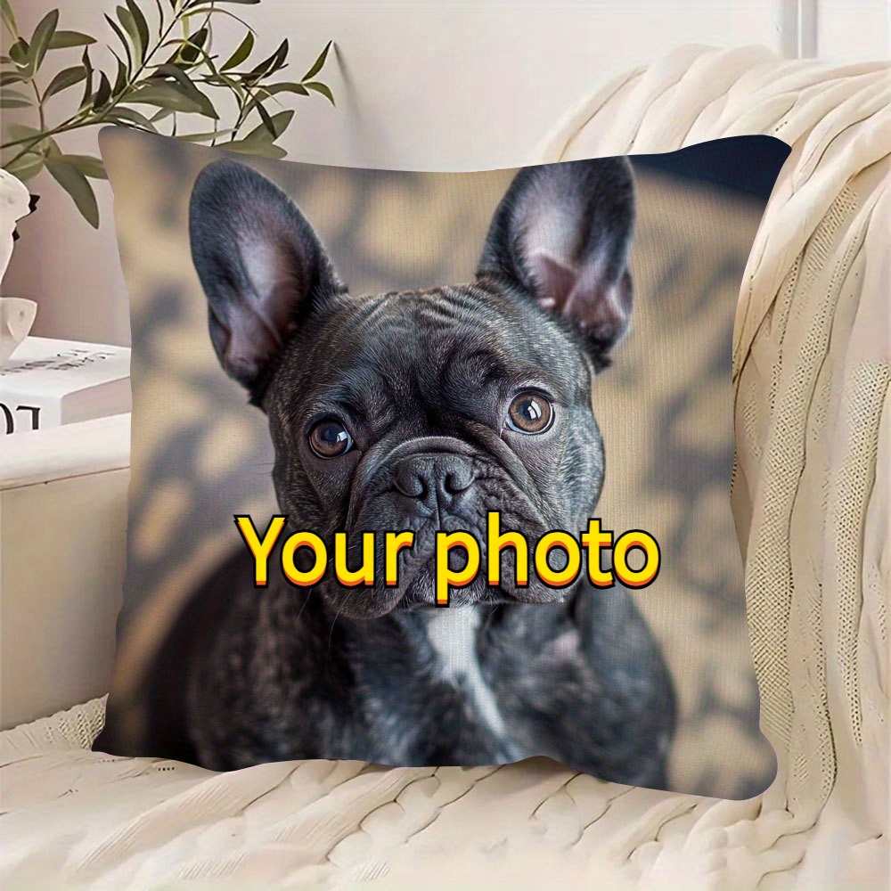 Image of Custom Photo, -style French Bulldog Printed Pillowcase, 45.72×45.72 Cm, Made Of Short Plush Polyester Fiber, With A Zipper, Machine Washable, Artistic Pet-themed Cushion Cover For Home Decor