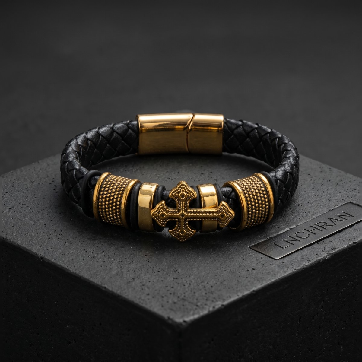 Image of Men's Black Braided Faux Leather Cross Bracelet, Golden Or Silvery Metal Magnetic Clasp Wristband, Vintage Biker Streetwear Accessory, Daily Wear Party Gift For Men