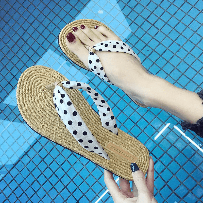 womens beach flip flops with linen upper eva sole non slip flat sandals beige black polka   soft cushioned insole for poolside summer casual and casual attire breathable comfortable slippers Product details 0