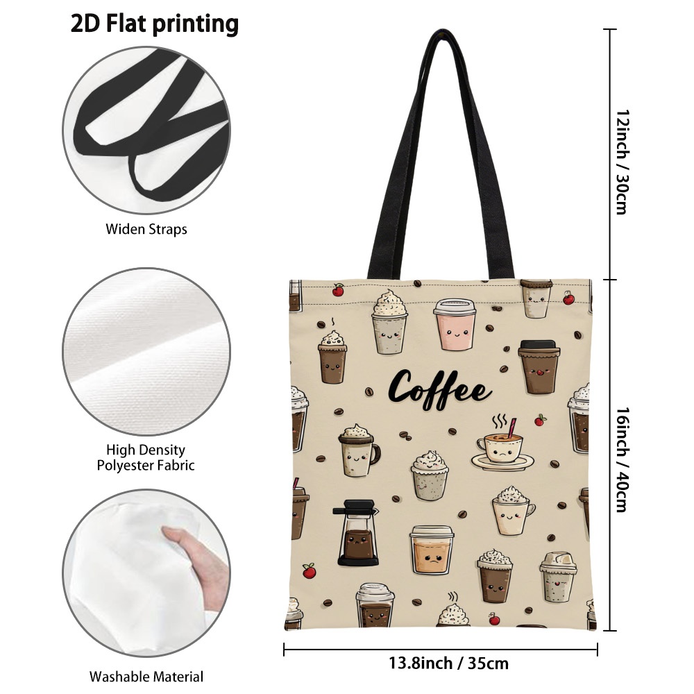 TEMU 1pc Cute Coffee Cups Pattern Spacious Tote Bag - Reusable Grocery Bags With Vibrant 2d Print, Durable Shoulder Handbag For Shopping, Grocery And