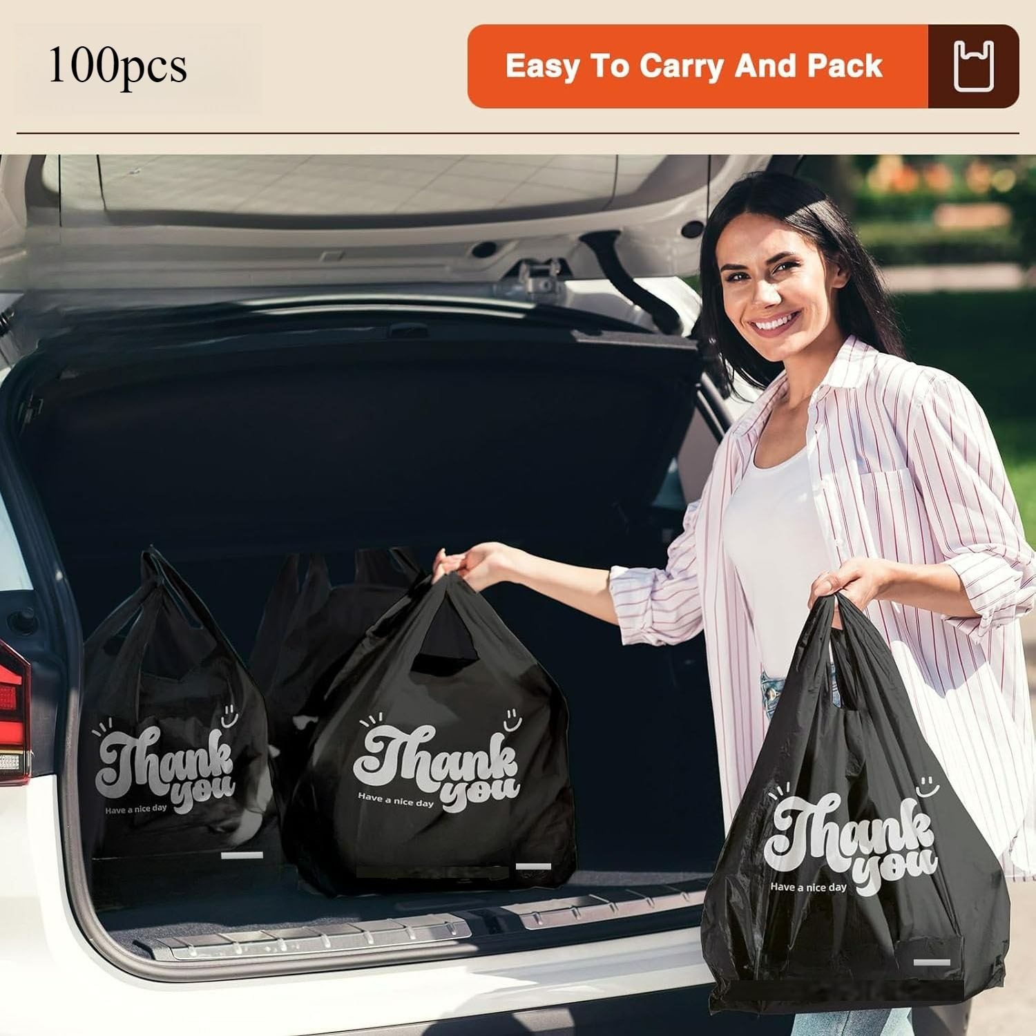 Image of 100pcs Thank You Vest Shopping Bags, Sizes 9.4in X 14.96in, 11.81in X 18.89in, Supermarket Takeout Merchandise Packing Bags, Bags For Home Room Etc