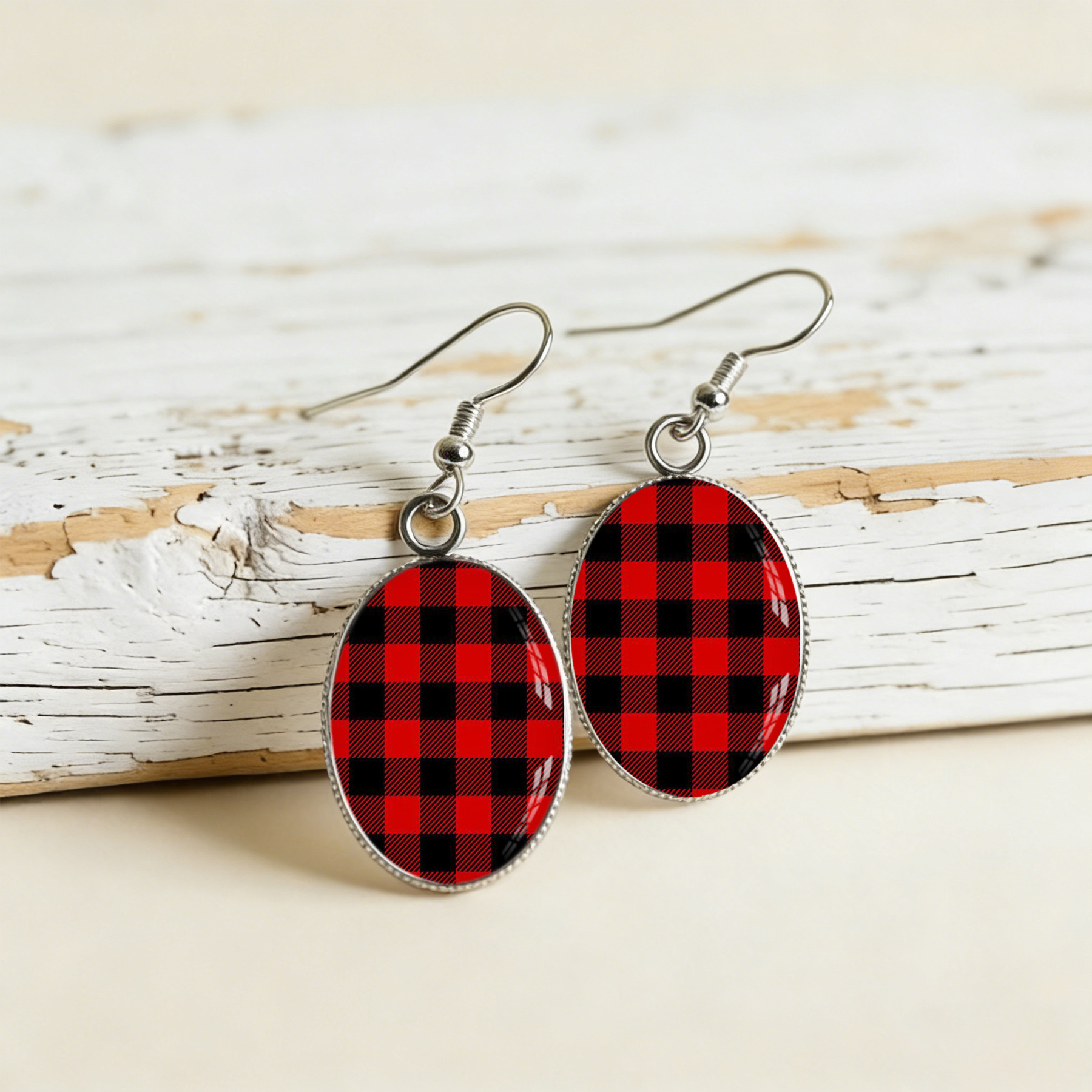 TEMU Oval Glass Cabochon Earrings - Stainless Steel Dangle Earrings - Red Design - Valentine's Day Gift - Gift For Her