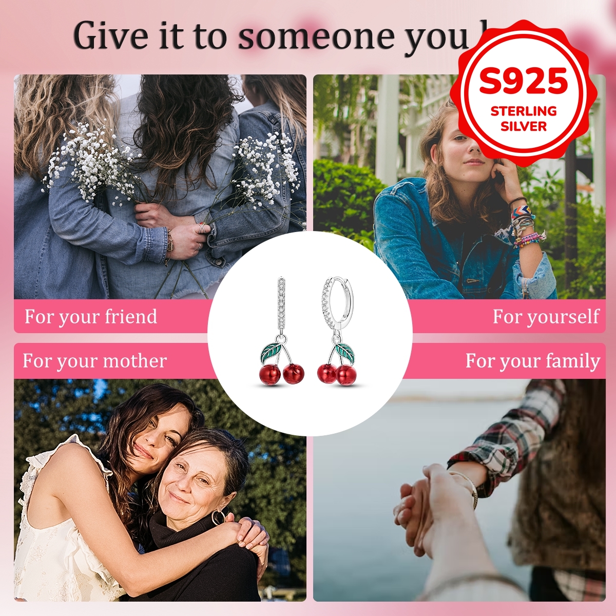 925 Sterling Silvery, 1 Pair Sweet Cherry Drop Earrings, Wearing This Will Make You More Elegant And Refined