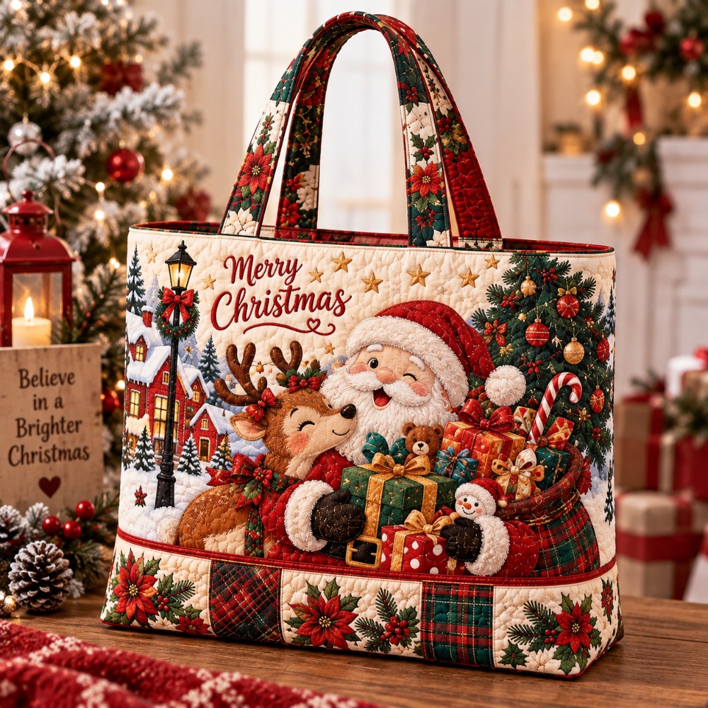 TEMU 1pc Women' Quilted Tote Bag Suitable For Christmas Gifts, Large Capacity Zipper Closure Handbag With Reindeer & Santa, Durable Shoulder Bag For