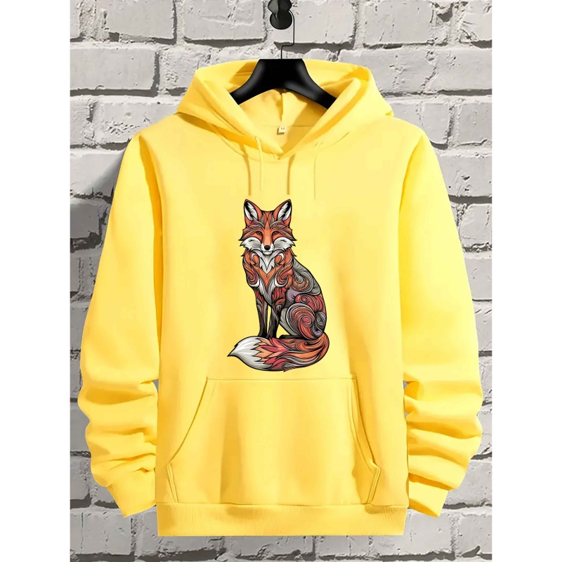 

1pc Men's Casual Fleece Hoodie, Polyester Knit Long Sleeve Pullover With Printed Fox Design, Micro-, Regular Fit, With Polyester Knit For Autumn/winter, Fashionable Gift For Youth And Adults