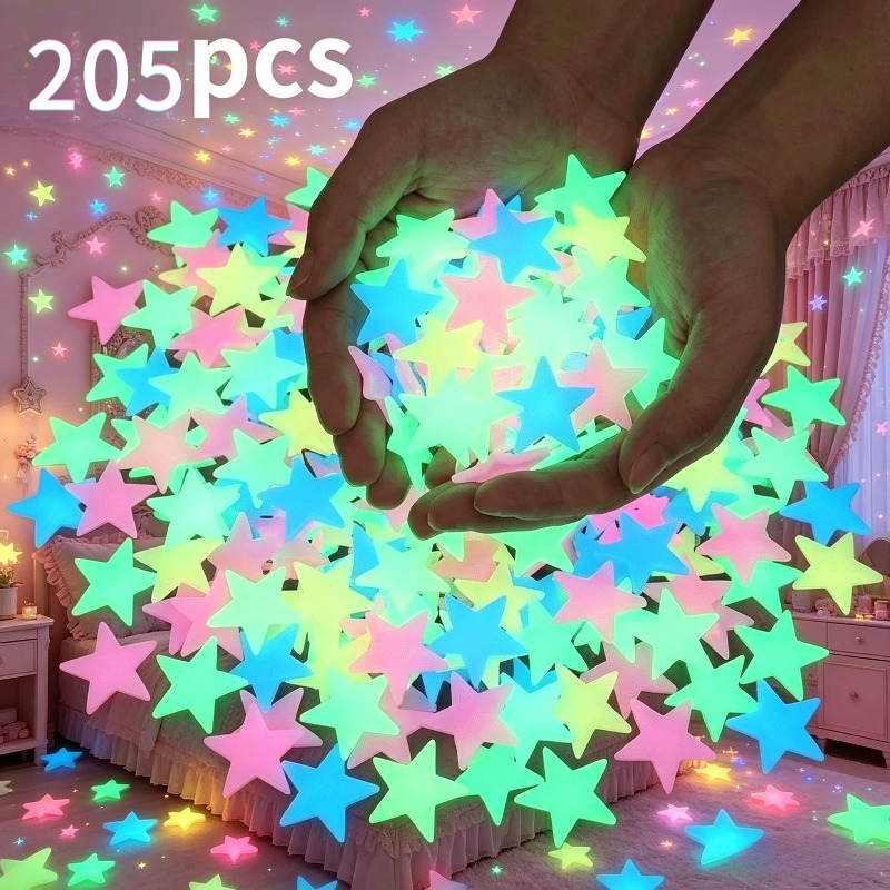 TEMU 205pcs Of -the- Wall Stickers- Assorted Colors| 1.18inch Reusable Fluorescent Self-adhesive Stickers, Soft-colored Plastic Stars, Suitable For
