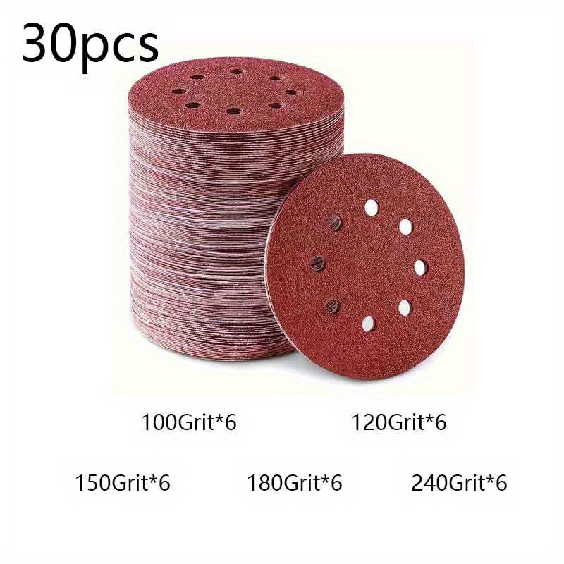 30pcs 5-inch (125mm) Round Sandpaper, 8-hole Sanding Discs, 60/80/100/120/150/180/240/320/400/600/800/1000 Grit Hook And Loop Sandpaper For Polishing