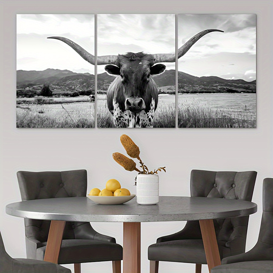 wooden bull antler canvas wall art set black white texas - Temu