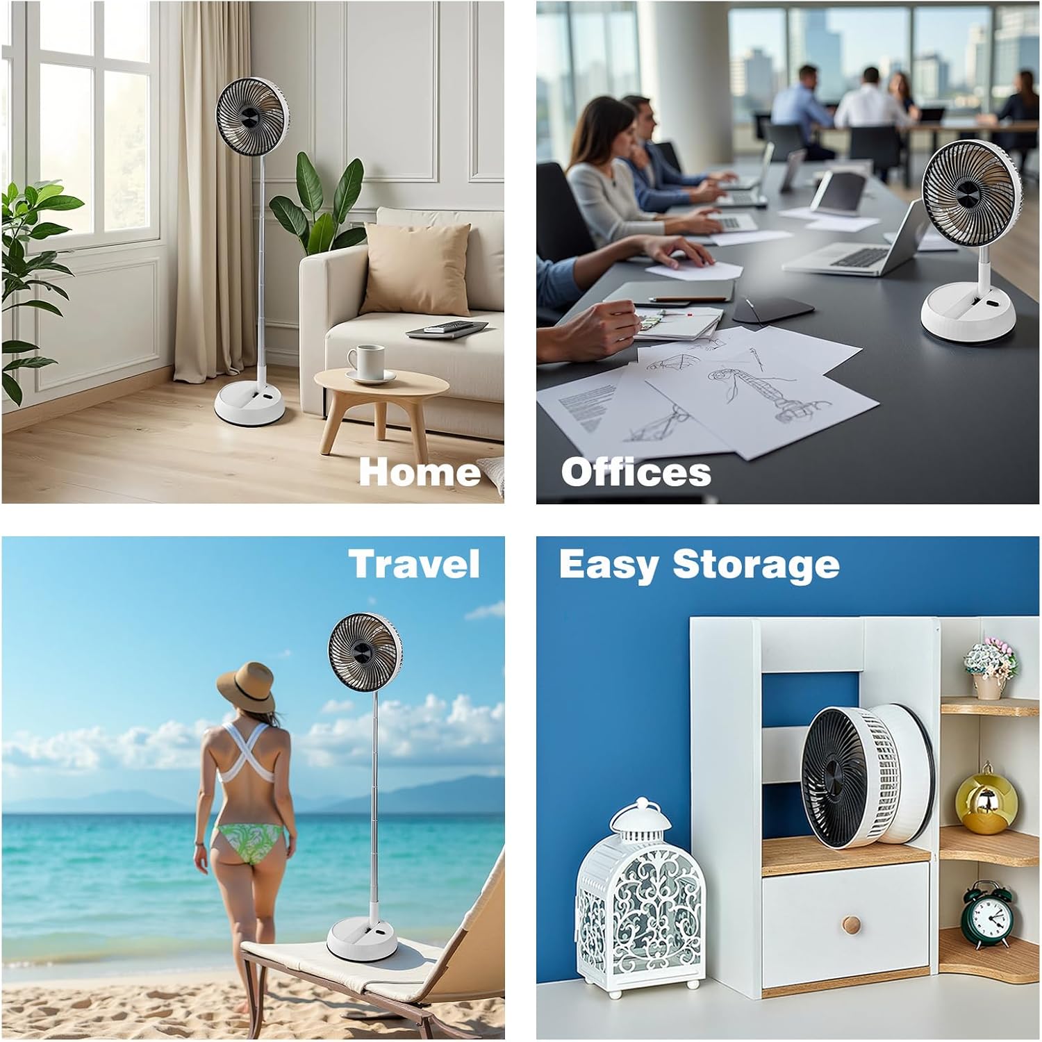 Foldable Rechargeable Oscillating Fan 20.32cm 7200Mah Battery Operated Small Fan, Quiet Table Standing Pedestal Fans for Bedroom Office Camping Travel (White Body And Black Front Grille)