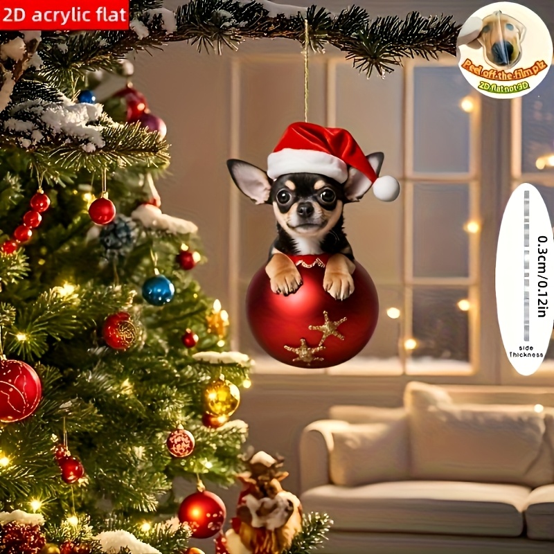 TEMU Adorno Navideño de Cachorro Chihuahua 2D , 1 Pieza - Lindo Perro Chihuahua con Gorro de Santa y , Decoración Colgante de Acrílico para Árbol de