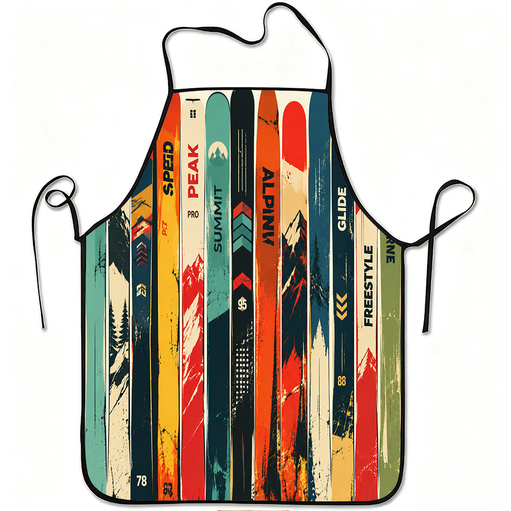 TEMU 1pc Colorful Ski Mountain Graphic Print Apron, Durable And Easy To Clean, Adjustable Waistband, Polyester Material, For Kitchen Cooking,