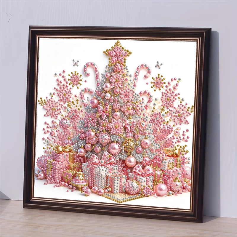 TEMU Soft Pink Christmas Theme Diamond Painting Kit, 30x30cm Frameless With Pearl Inlay Craft, Featuring Pink And Golden Christmas Tree And Holiday
