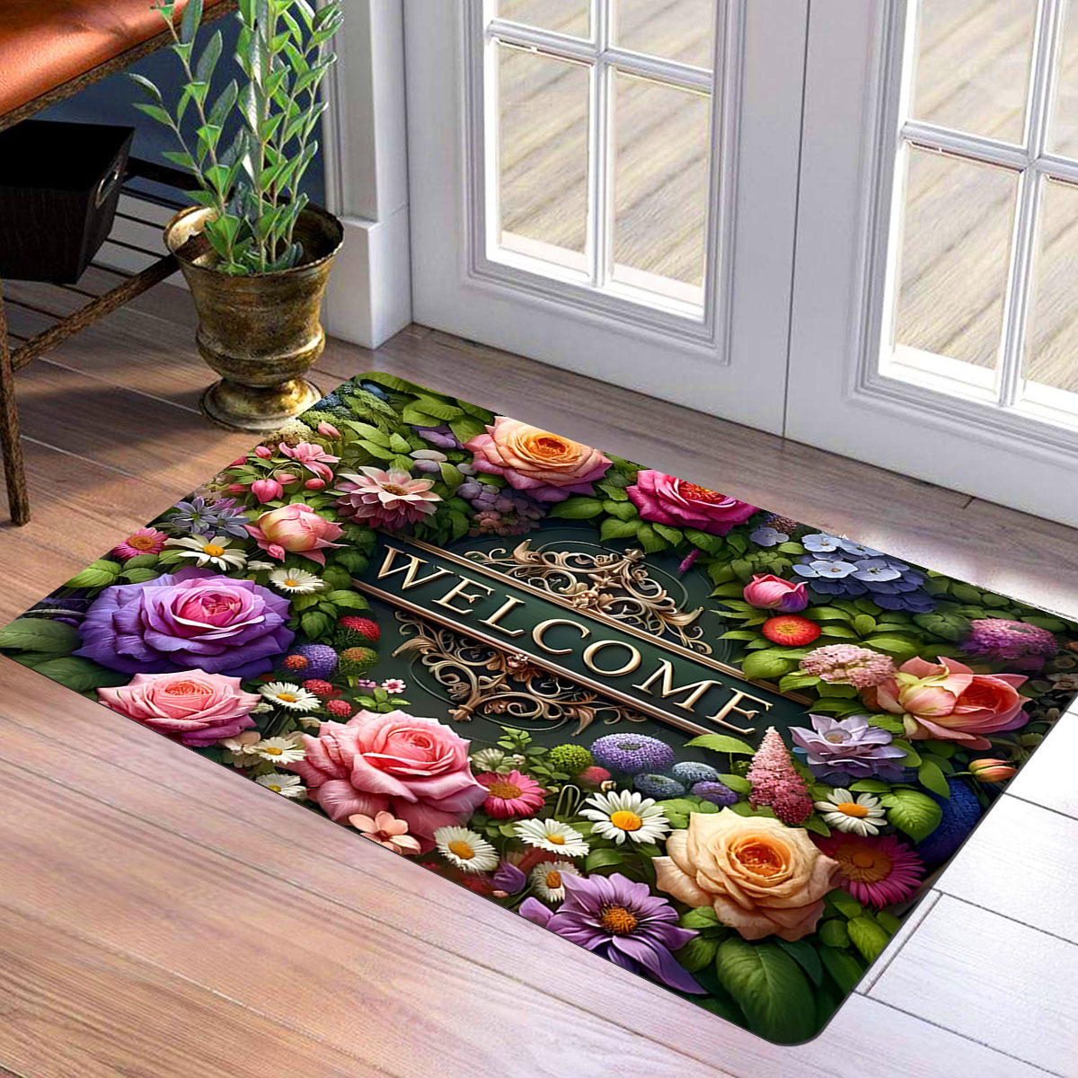 

Floral Welcome Door Mat - Anti-slip, Stain-resistant Polyester Rug For Home Decor - Bedroom, Bathroom, Kitchen & Dining Room