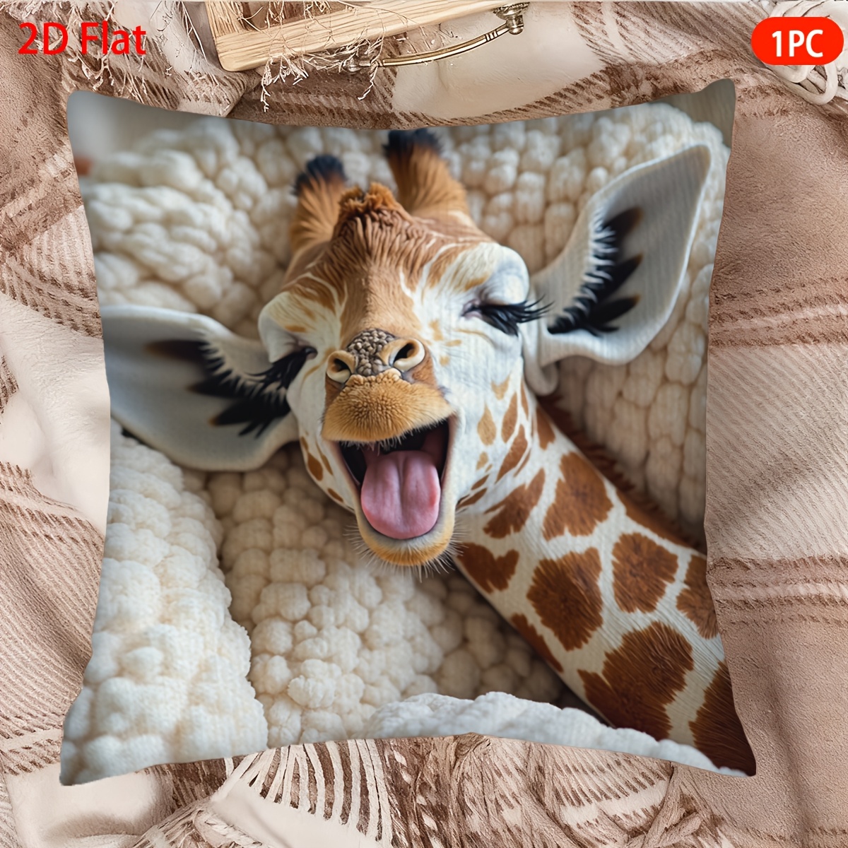 TEMU 1pc Adorable Giraffe Yawning Pillowcase - Plush Cushion Cover With Zipper Closure, Suitable For, Room Decor, Contemporary Shower Gift, Machine