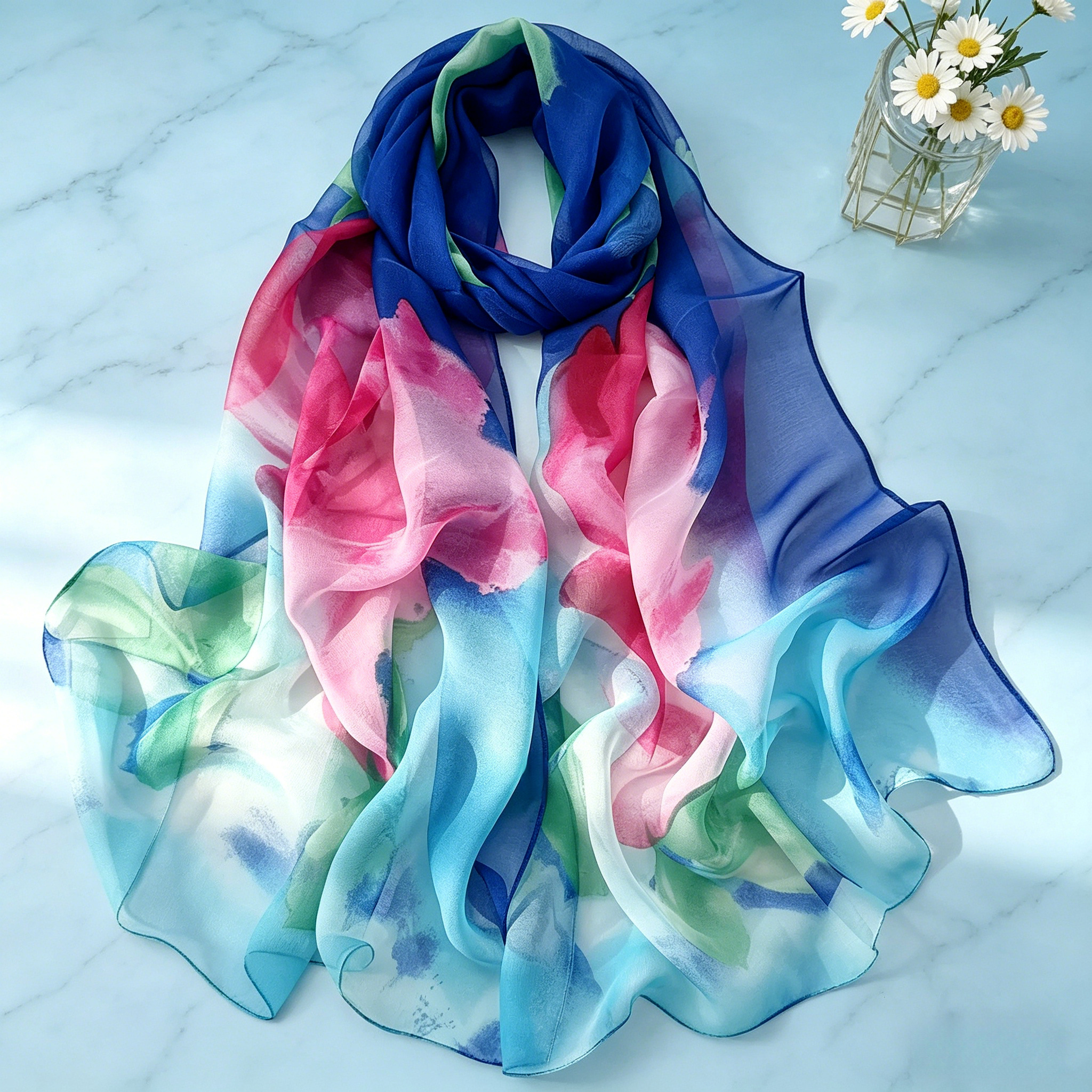 TEMU 1pc Of Women's Silk Square Scarf, Lightweight Watercolor Floral Print Shawl, Breathable Natural Fabric, A Versatile And Fashionable Accessory