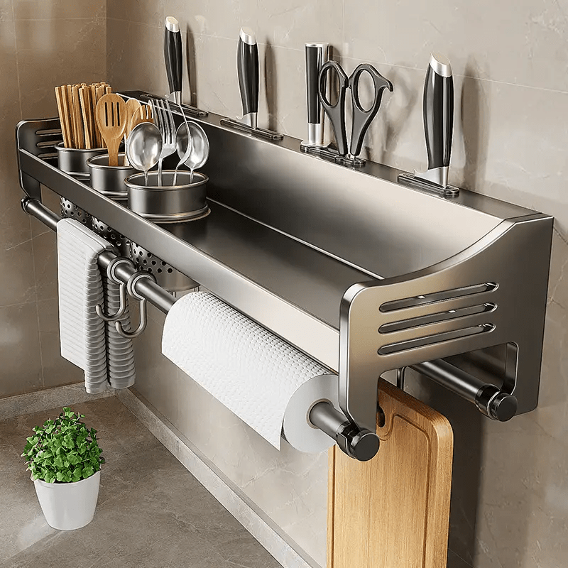 TEMU Stainless Steel Wall- Mounted Kitchen Storage Rack, No- Drill Metal Organizer, Suitable For Utensils, Knives, And Spices, With Double Cup