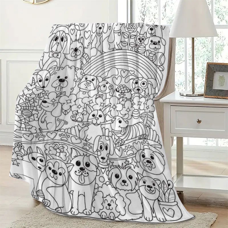 TEMU Adorable Cartoon Pet Coloring Style Flannel Blanket, Soft, Skin-friendly, And Warm, Suitable For . Versatile For Home Lounging, Bedroom Sleep,